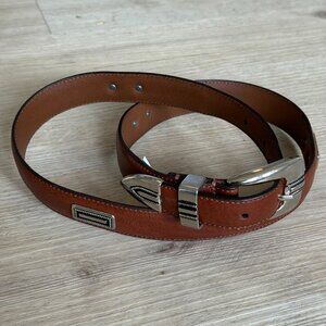 Vintage Western Leather Belt Tan Silver Buckle Accents Size 36